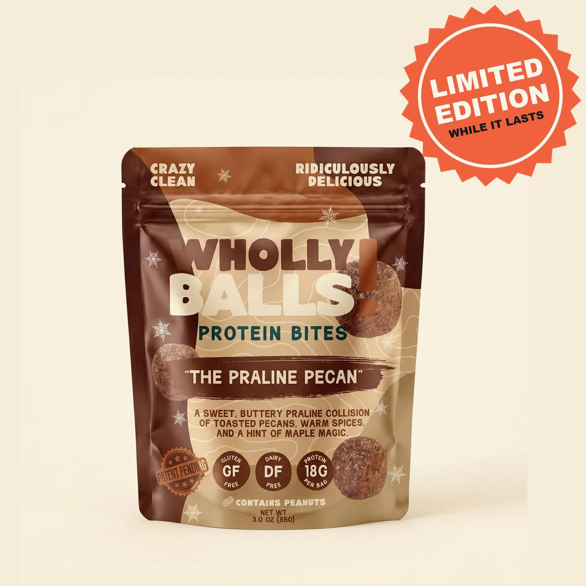 The Praline Pecan protein bites pouch with Limited Edition badge